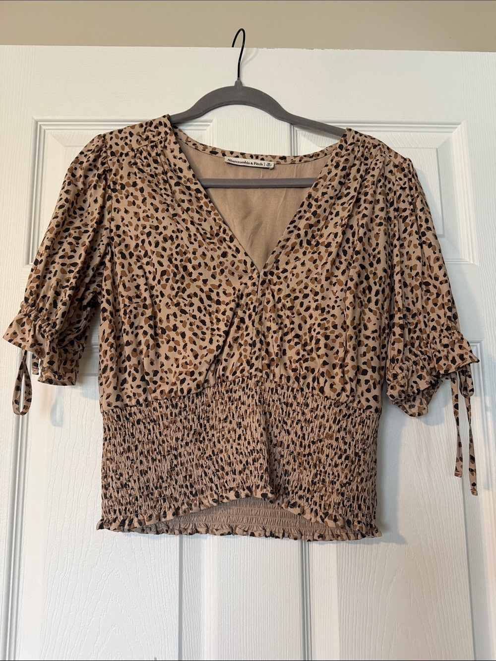 Abercrombie & Fitch Taupe Leopard Print Smocked V-Neck Top